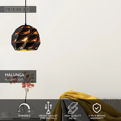 Lucide MALUNGA - Pendant light - Ø 25 cm - 1xE27 - Black - USP